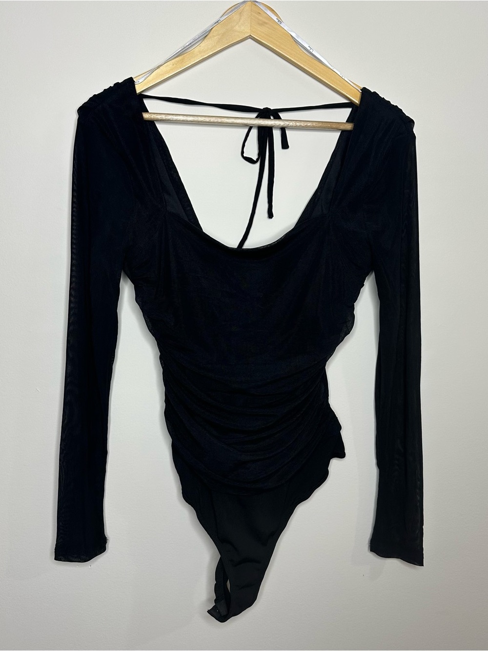 Lulus Black Long Sleeve Ruched Scoop-Back Bodysuit Whimsigoth Size M Lace Sheer